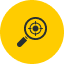 Magnifying glass icon with target in the center on yellow circle