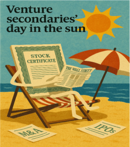 Stock certificate sitting on a beach chair reading with an umbrella beside it