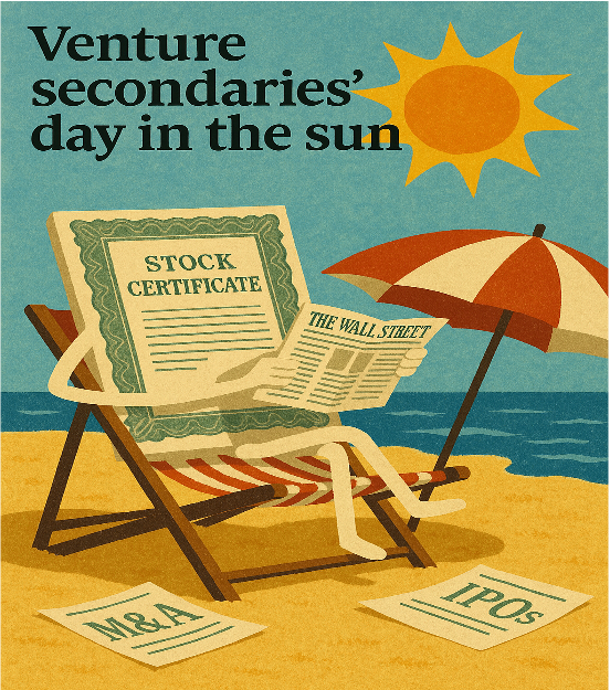 Stock certificate sitting on a beach chair reading with an umbrella beside it