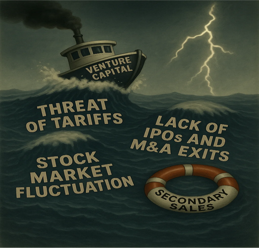 Tug boat on the sea during a thunderstorm with Venture Capital as it's name trying to navigate through turbulent waters